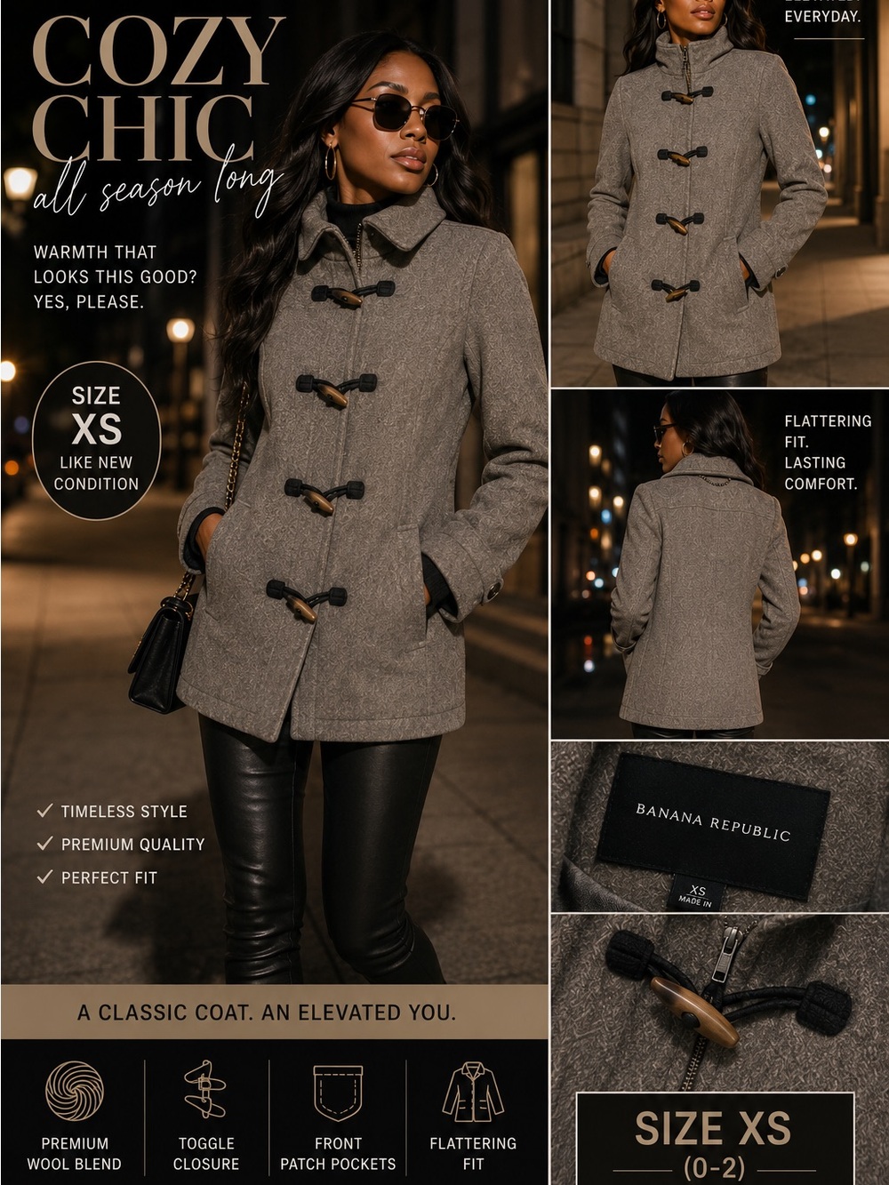 Banana Republic Gray Toggle Wool-Blend Pea Coat NWOT